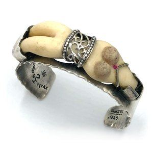 Hector Fernandez Made in Moon Signed 925 Cuff Bracelet Nude Woman Carved Antler